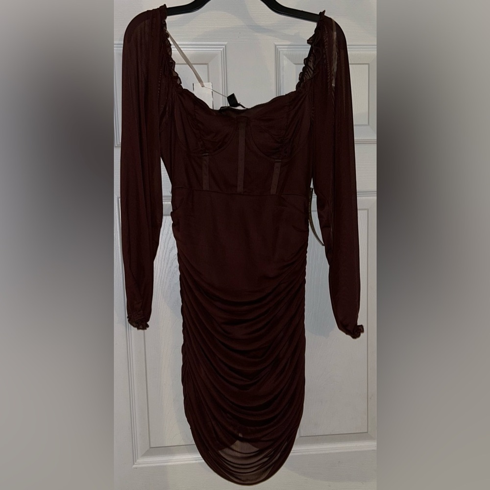 Almost Famous Chocolate Brown Long-Sleeve Ruched Midi Dress